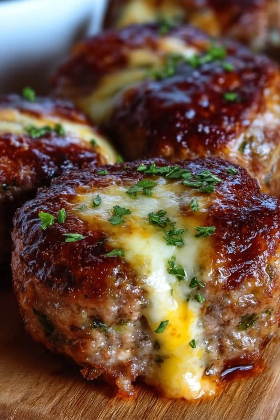 Cheesy stuffed meatloaf bites served on a plate.