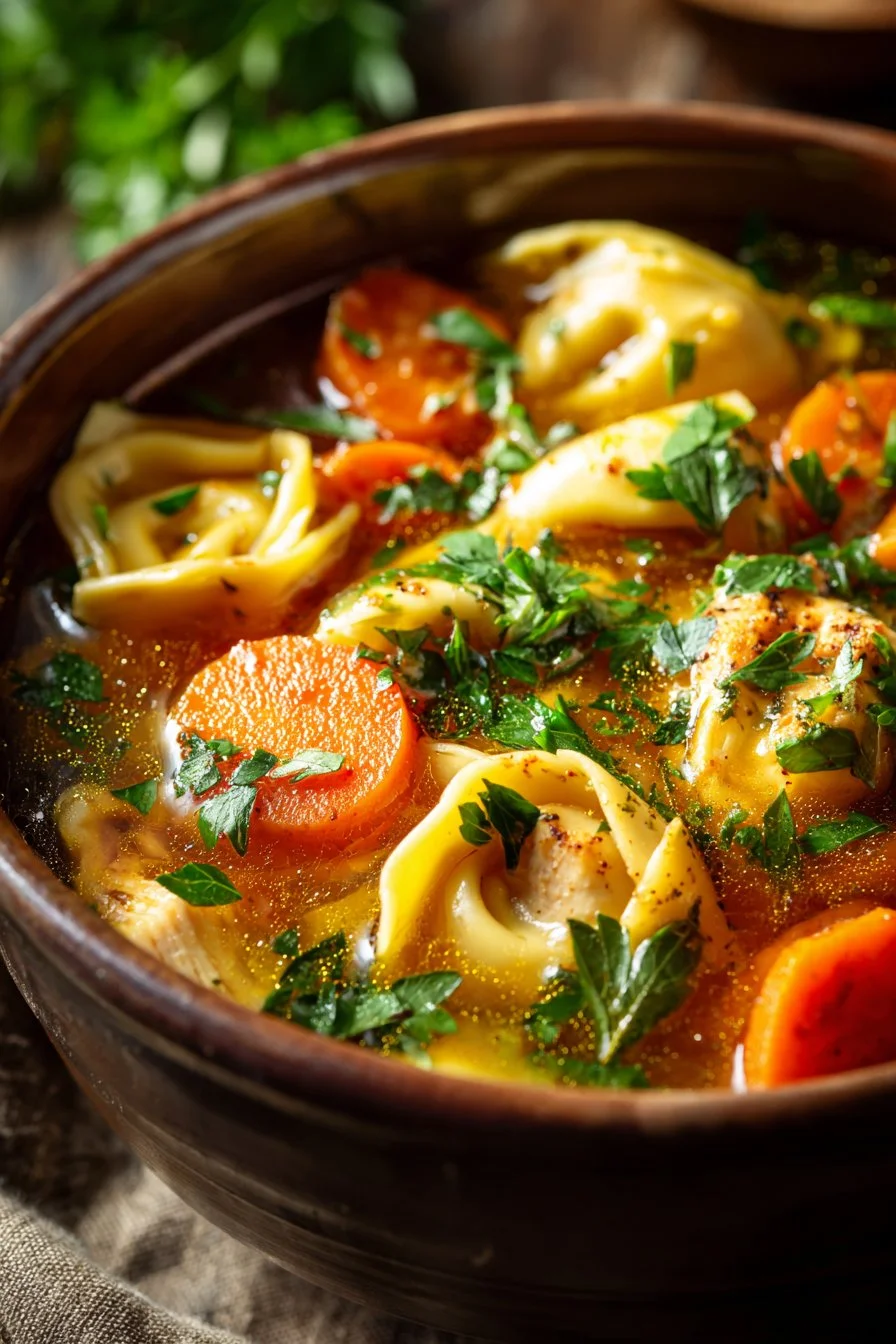A bowl of delicious homemade Chicken Tortellini Soup garnished with herbs.