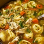 Bowl of hearty Chicken Tortellini Soup garnished with herbs