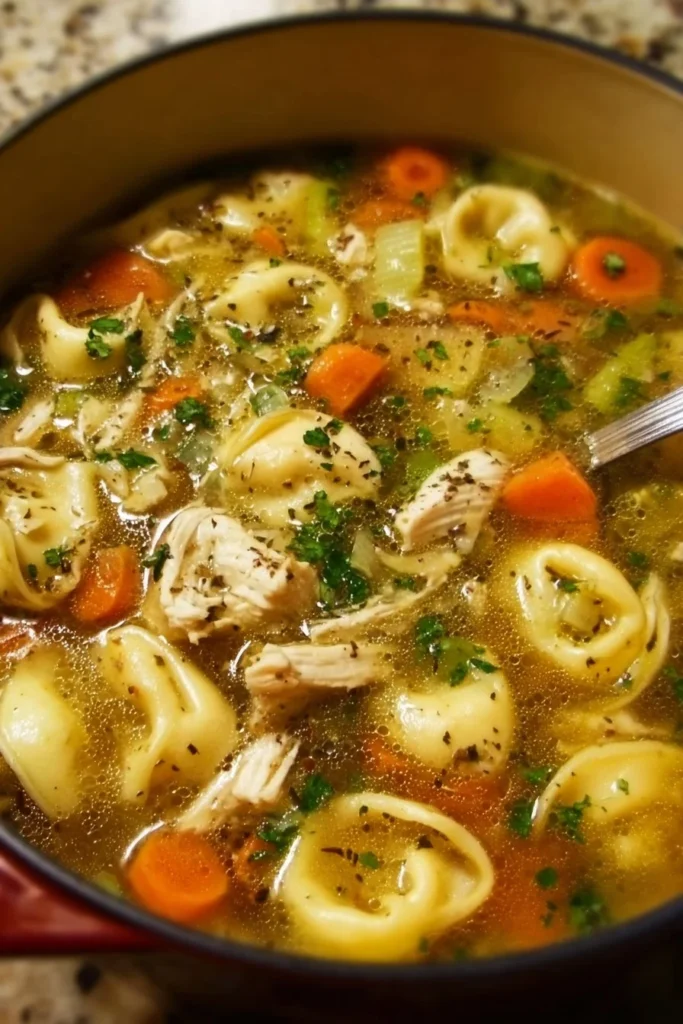 Bowl of hearty Chicken Tortellini Soup garnished with herbs