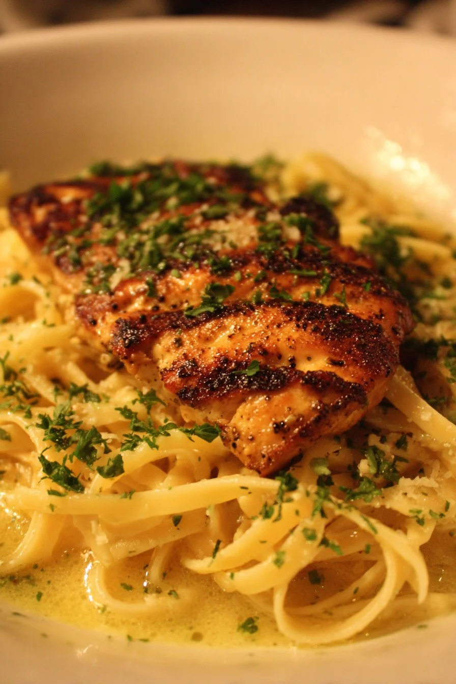 Plate of chicken with buttered noodles garnished with herbs