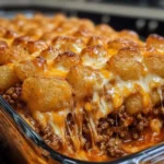 Delicious Chili Cheese Tater Tot Casserole served in a baking dish