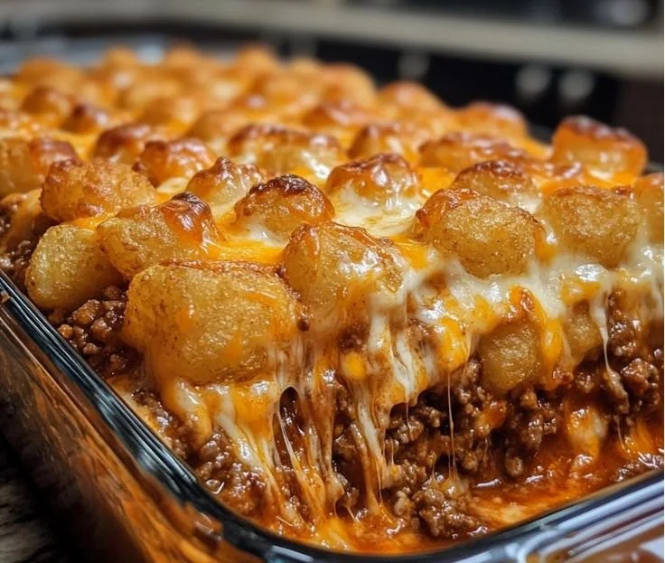 Delicious Chili Cheese Tater Tot Casserole served in a baking dish
