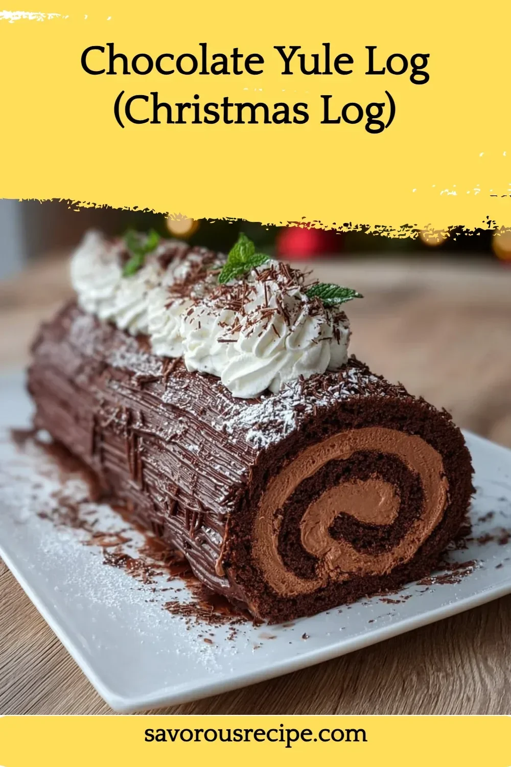 Delicious Chocolate Yule Log dessert decorated for Christmas