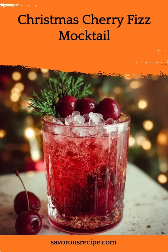 Festive Christmas Cherry Fizz mocktail served in a glass, garnished with cherries.
