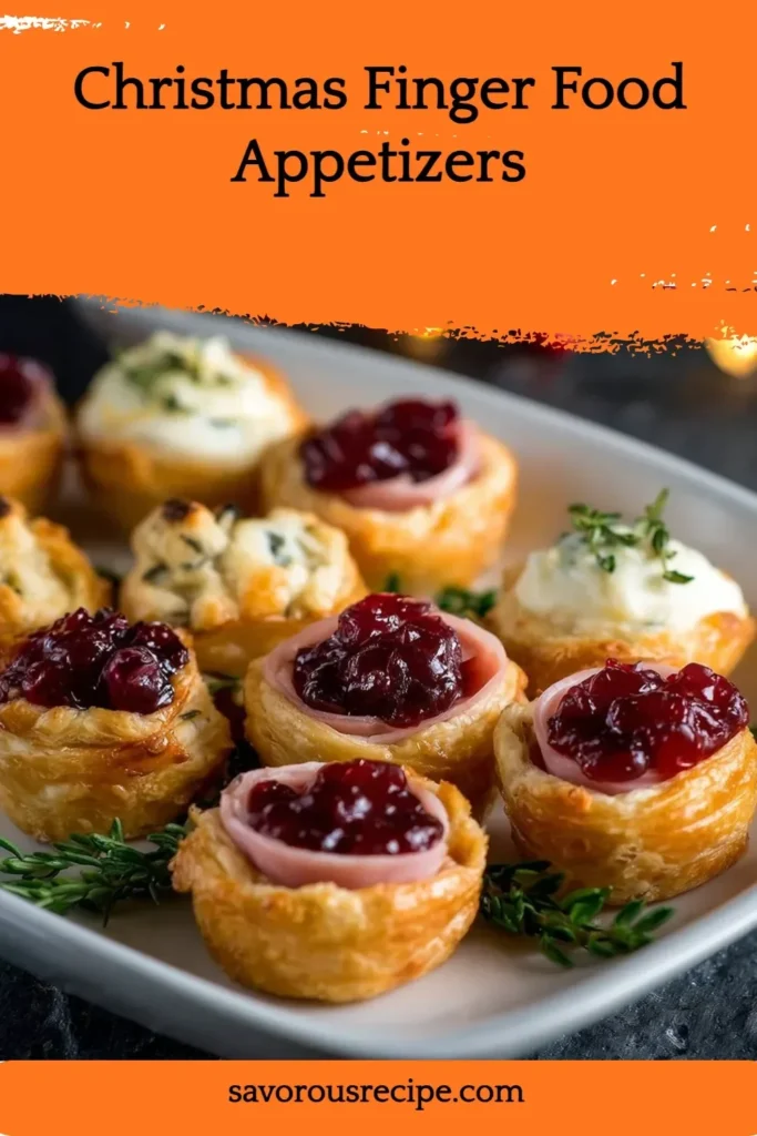 A variety of Christmas finger food appetizers arranged on a festive table.