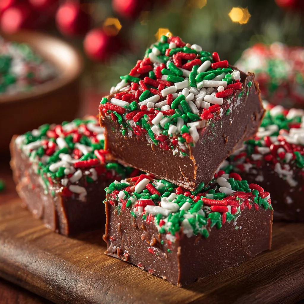 Homemade Christmas fudge with festive decorations and toppings