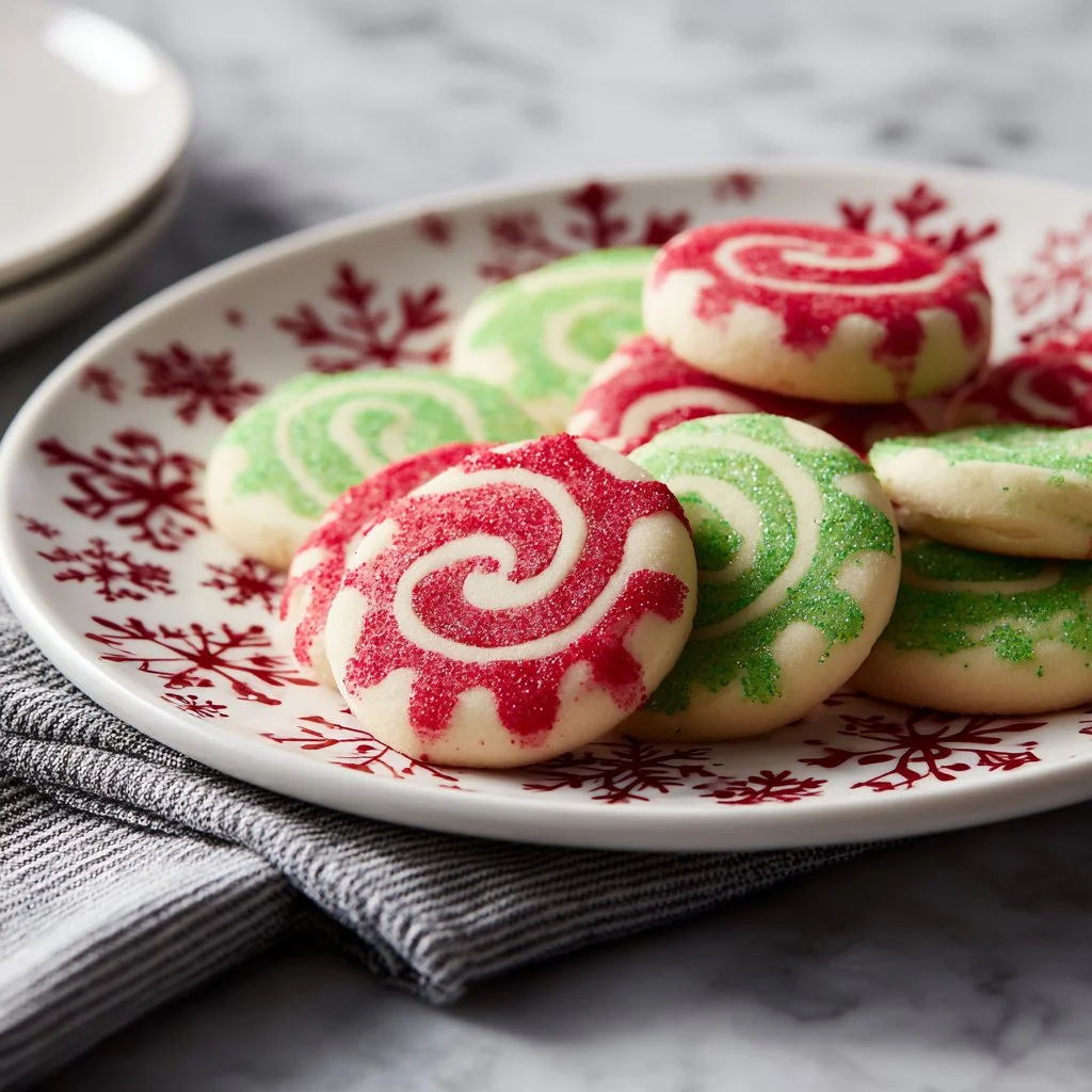 Colorful Christmas Pinwheel Cookies arranged on a festive platter