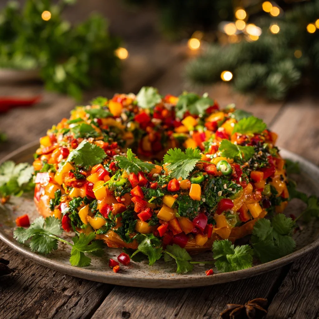 Christmas Taco Cheese Ball Wreath decorated for holiday celebration