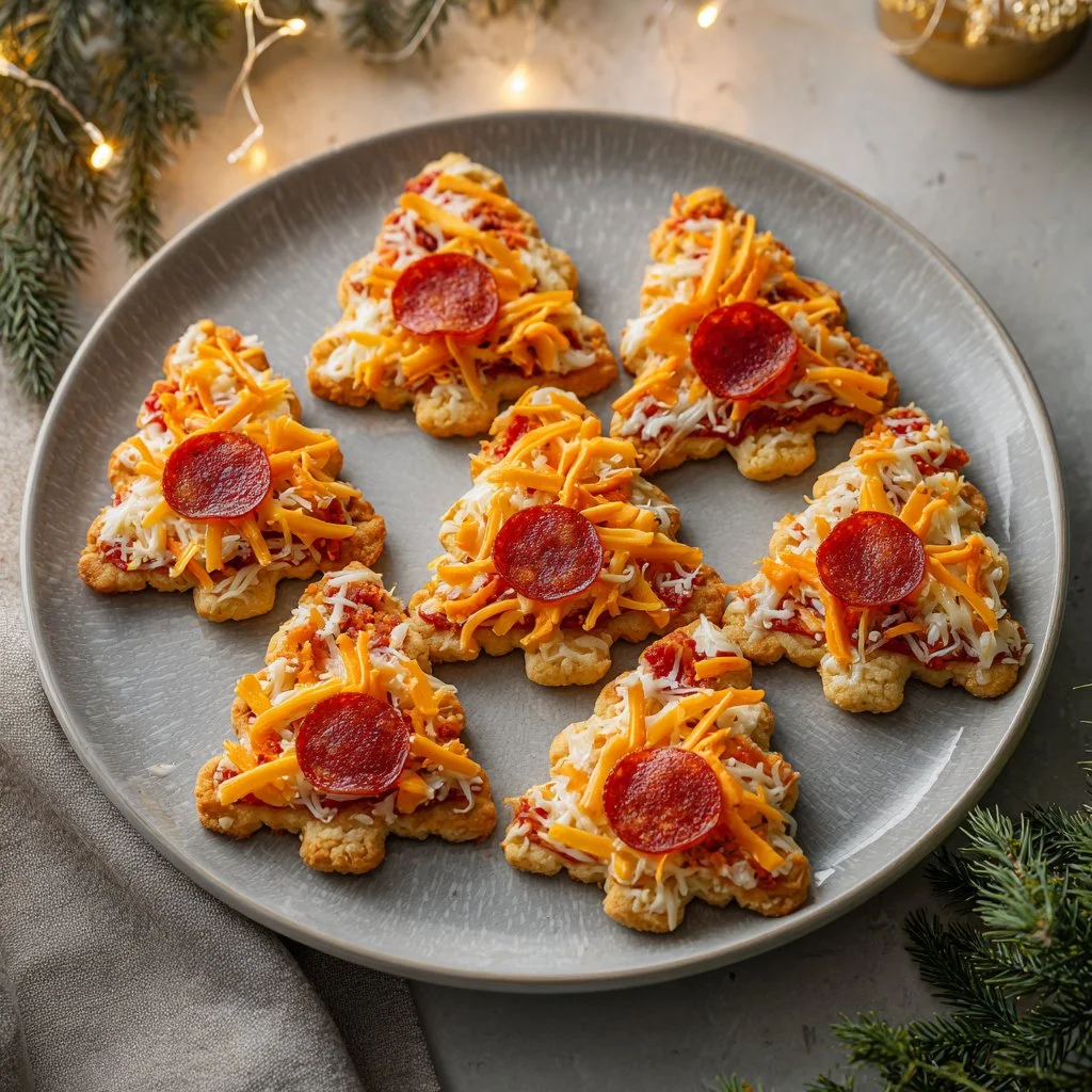 Delicious Christmas Tree Mini Pizzas decorated for the holidays