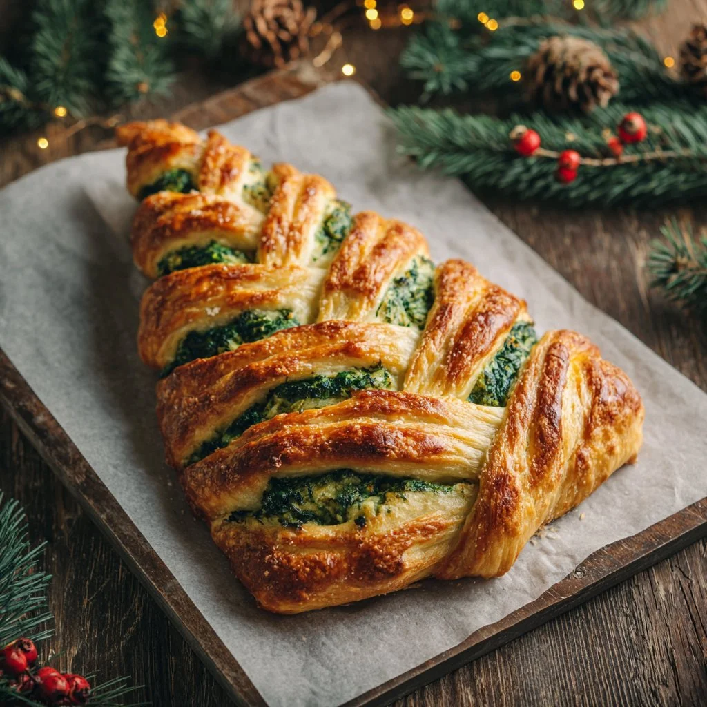 Christmas Tree Spinach Dip Breadsticks presented on a festive platter