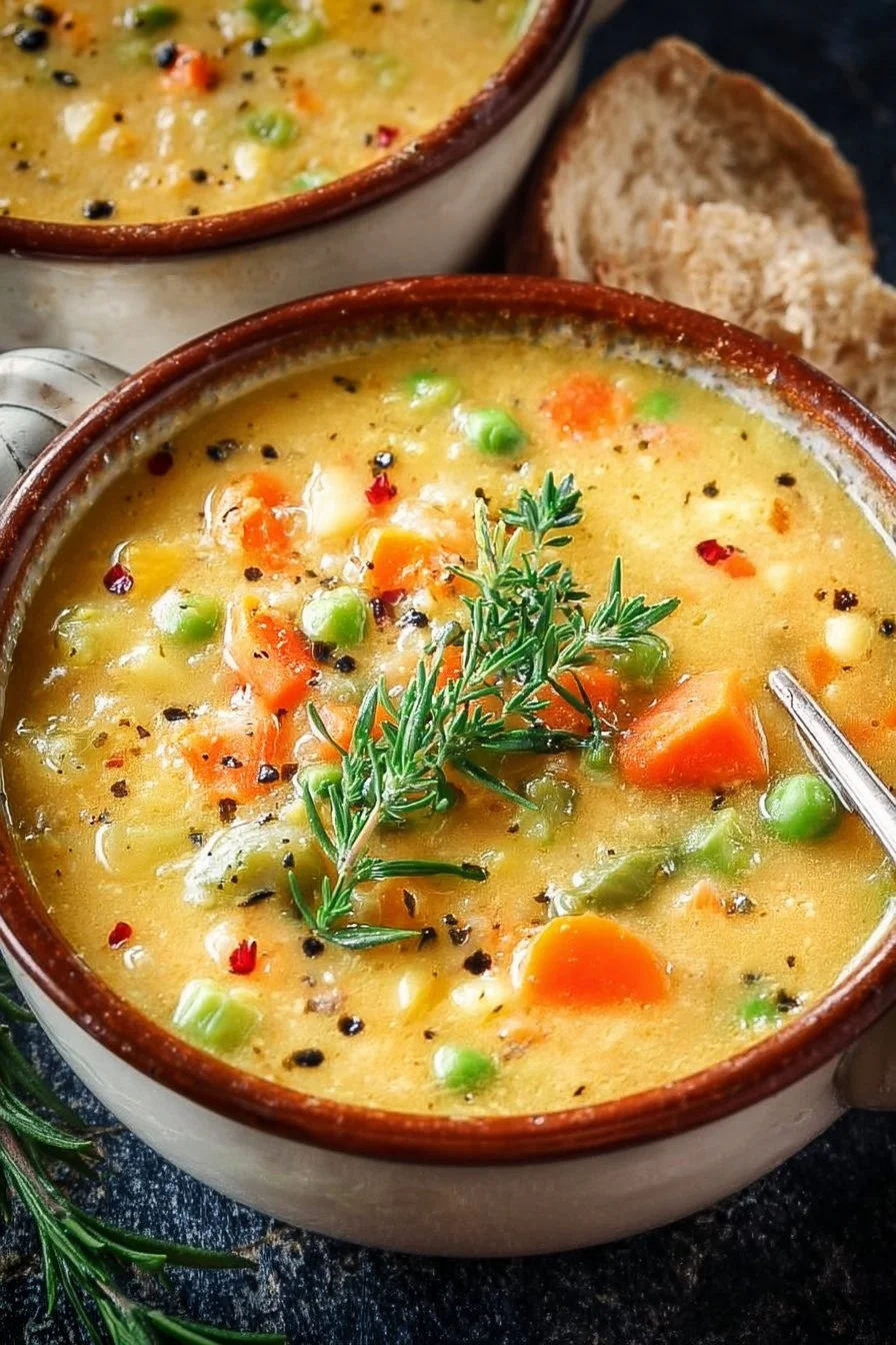 Bowl of creamy vegetable soup with fresh vegetables and herbs