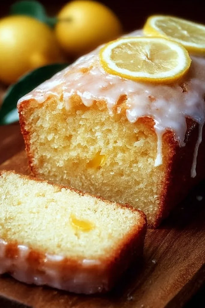 Sliced copycat lemon loaf on a white plate with glaze drizzling over it