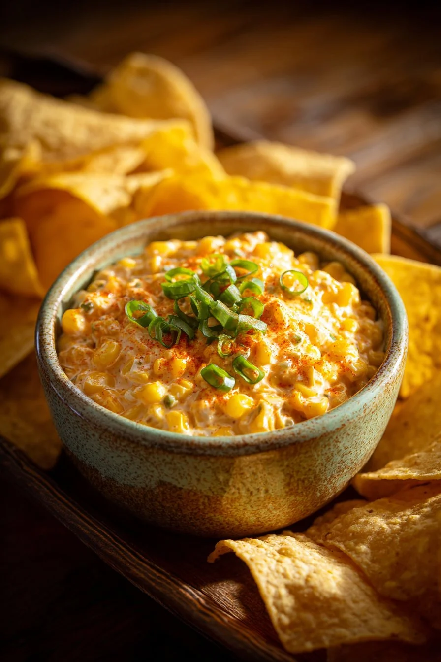 Creamy Corn Dip served in a bowl with tortilla chips