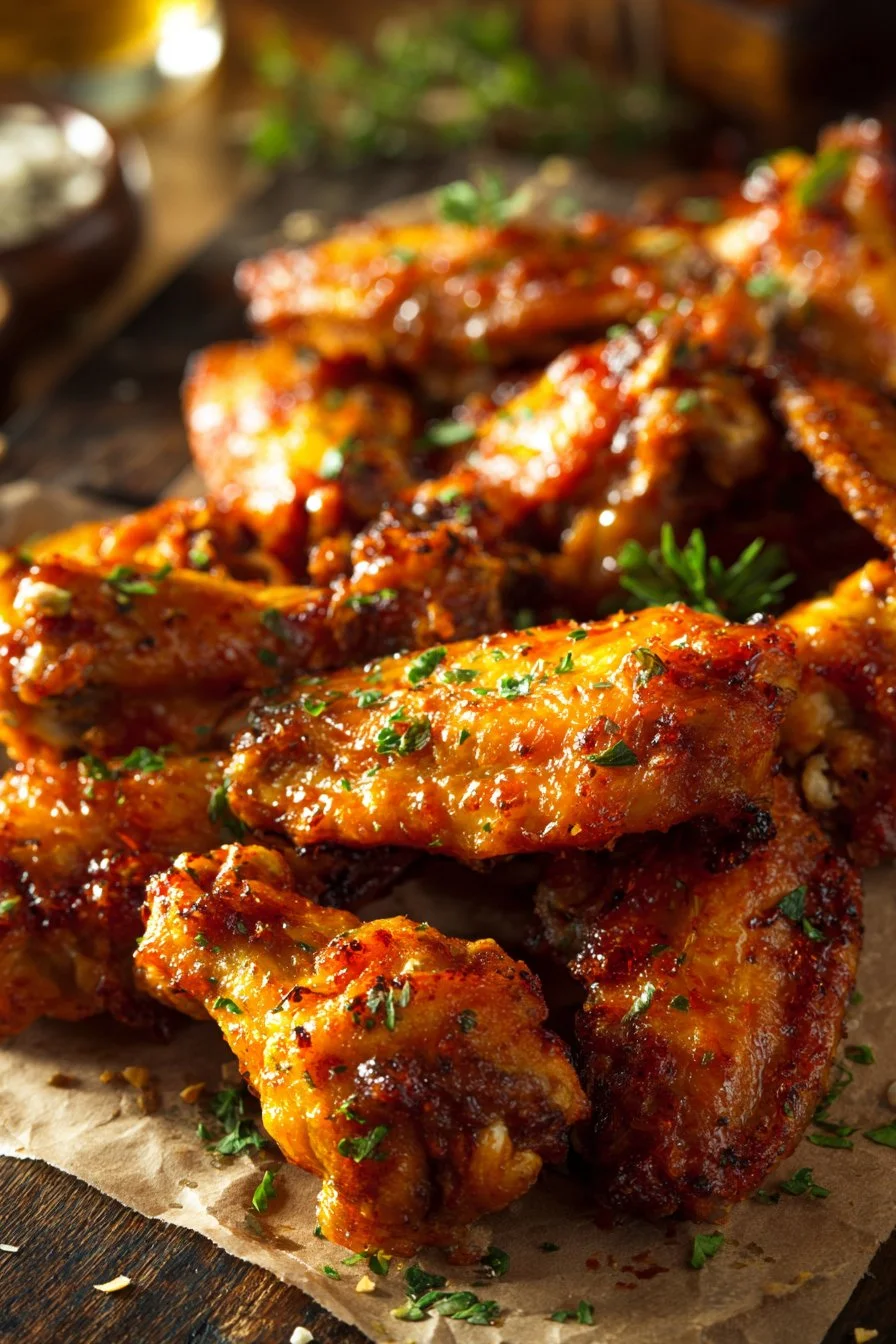 Cowboy butter chicken wings ready to serve with vibrant garnishes