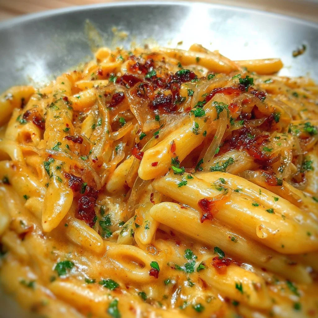 Bowl of creamy caramelized onion pasta garnished with herbs