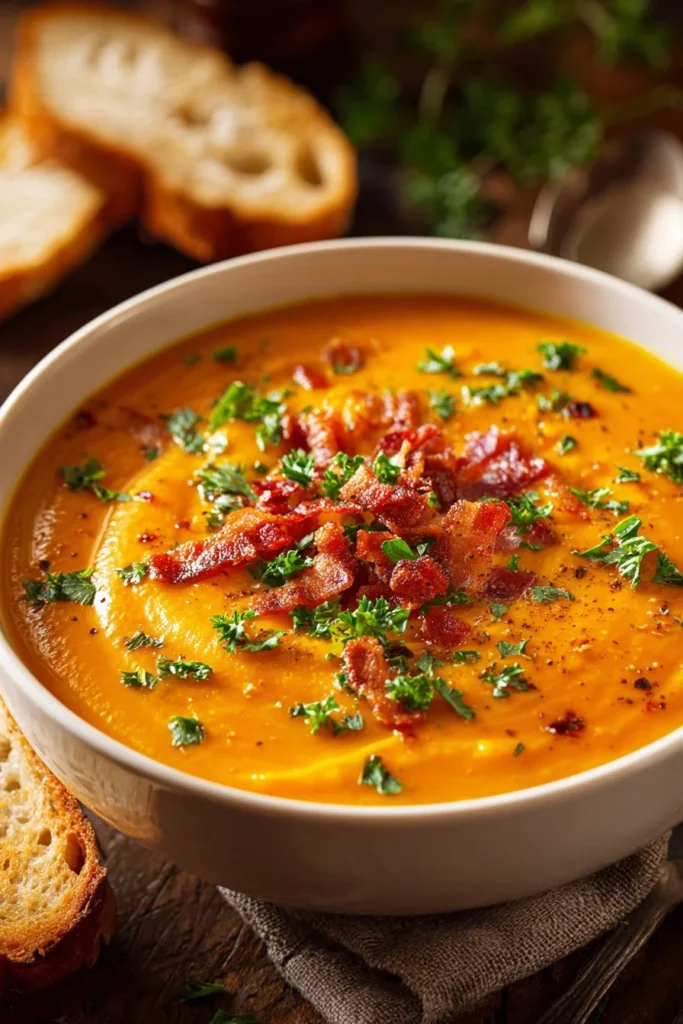 Bowl of creamy carrot soup garnished with herbs and served with bread.