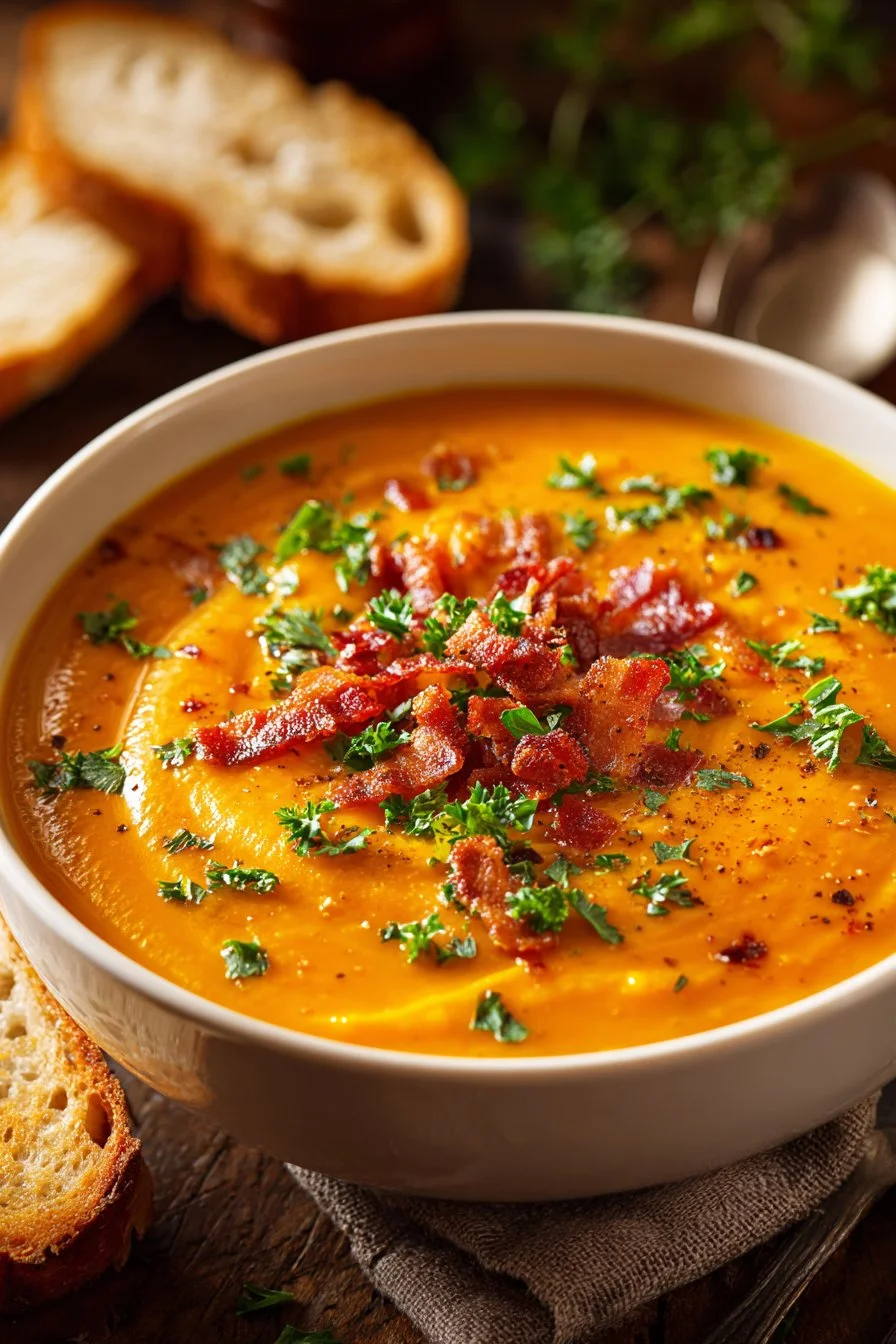 Bowl of creamy carrot soup garnished with herbs and served with bread.
