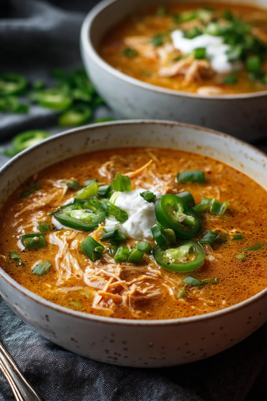 Bowl of creamy chicken enchilada soup topped with cilantro and cheese