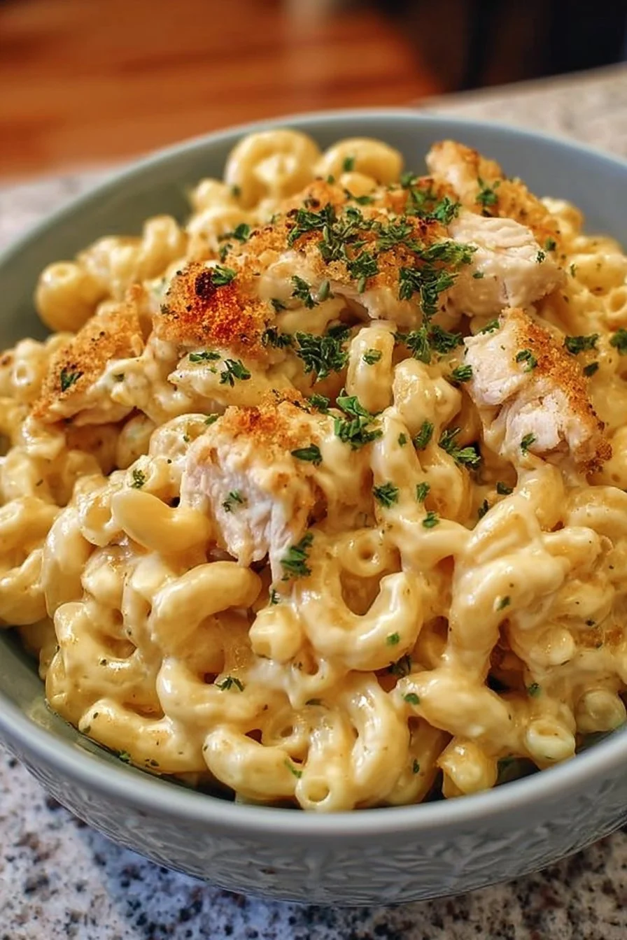Creamy chicken mac and cheese dish served in a bowl