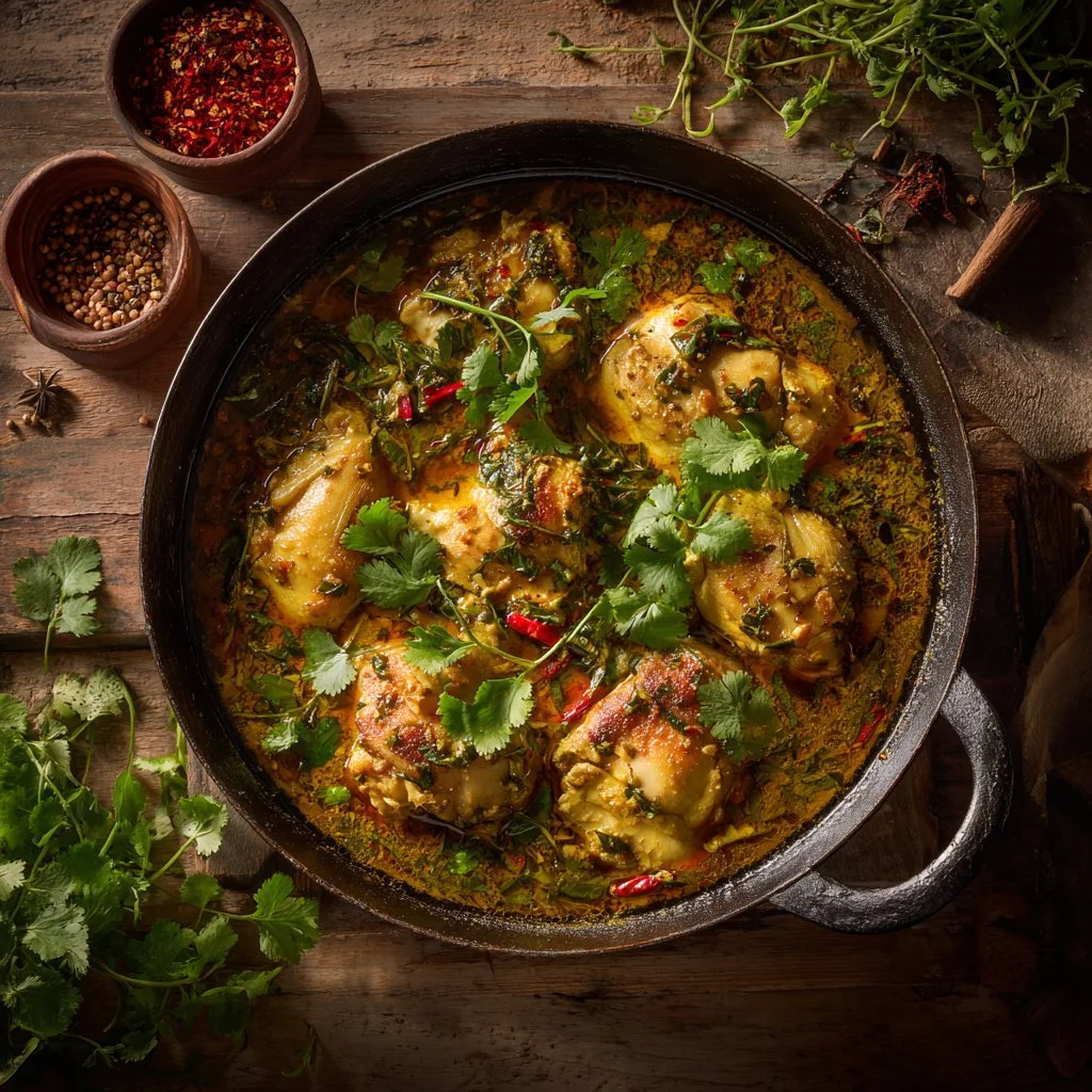 Creamy East African coconut chicken curry garnished with fresh herbs