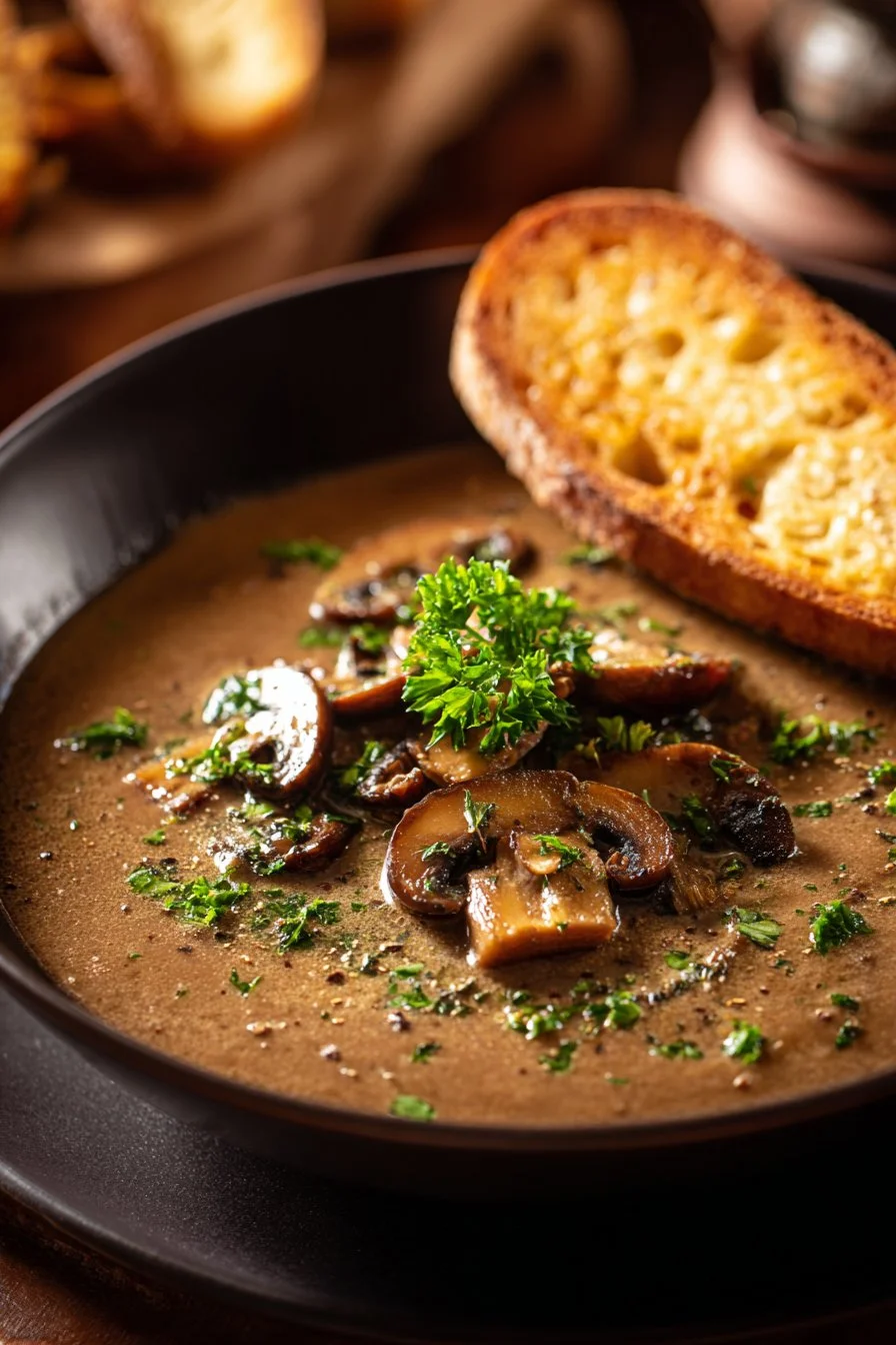 Bowl of creamy mushroom soup topped with fresh herbs and croutons