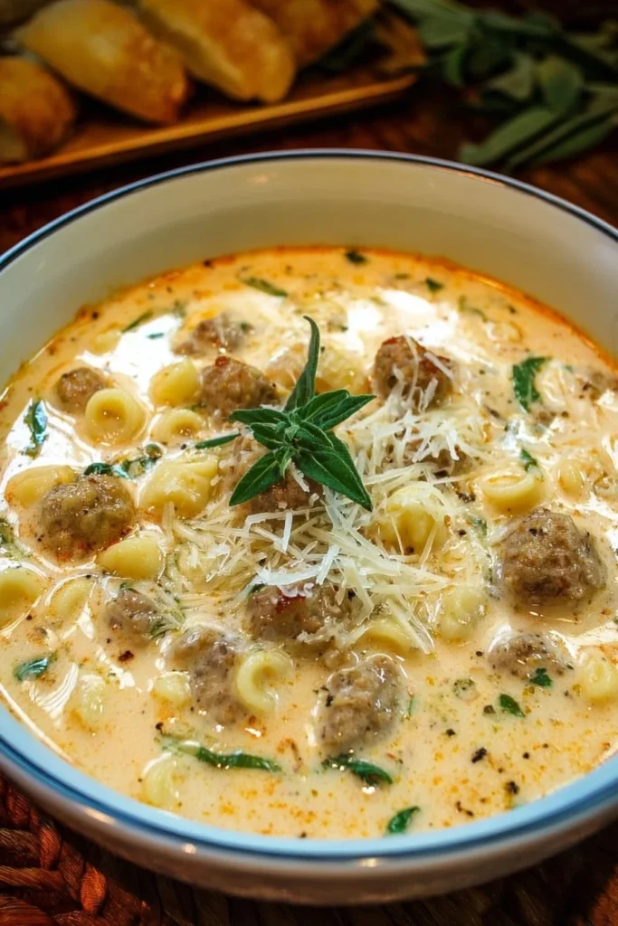 Creamy Parmesan Italian sausage ditalini soup in a rustic bowl