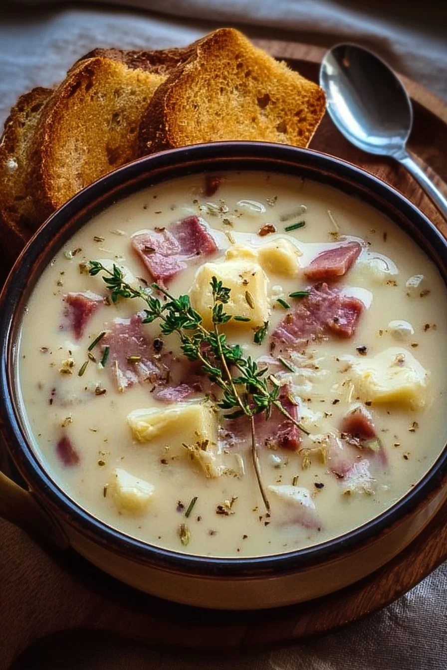 Bowl of creamy Reuben soup topped with herbs and served with rye bread