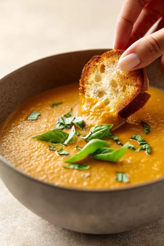 Bowl of creamy roasted veggie soup topped with fresh herbs