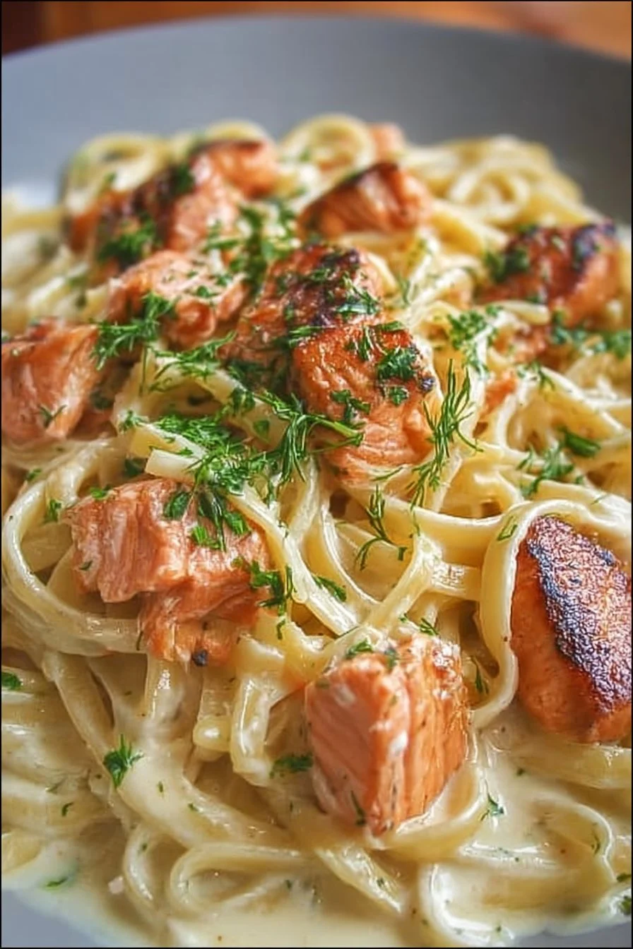 Creamy salmon pasta dish with herbs and a rich sauce