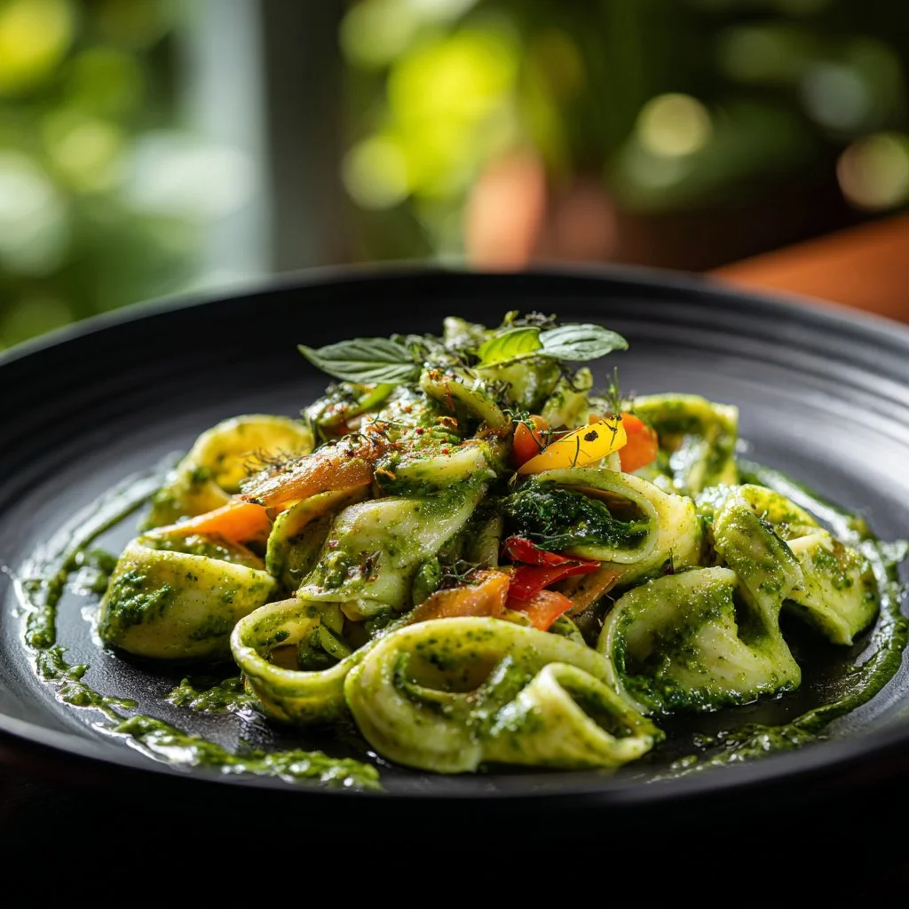 Creamy spinach pasta dish garnished with herbs and cheese