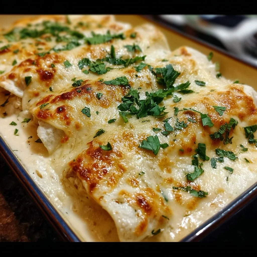Creamy white chicken enchiladas topped with cheese and green onions
