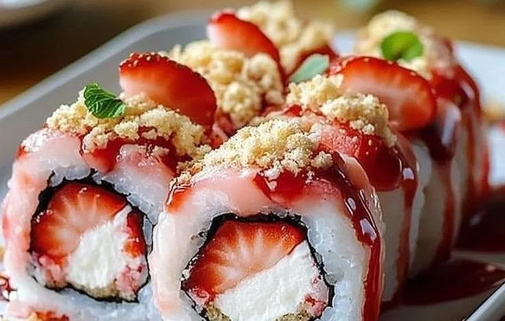 Strawberry shortcake sushi roll dessert made with fresh strawberries and sweet cream.