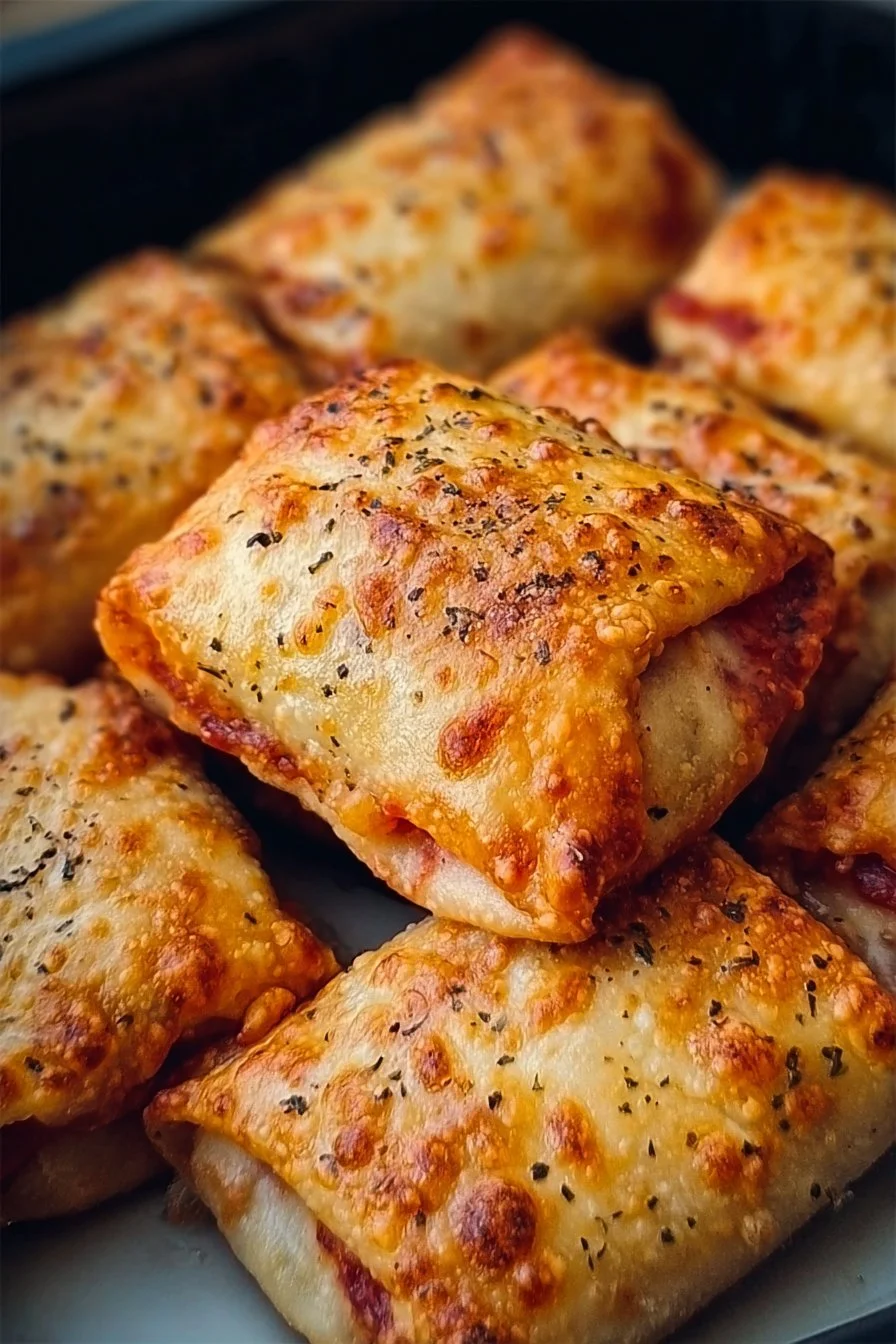 Delicious crispy air fryer pizza rolls ready to serve.