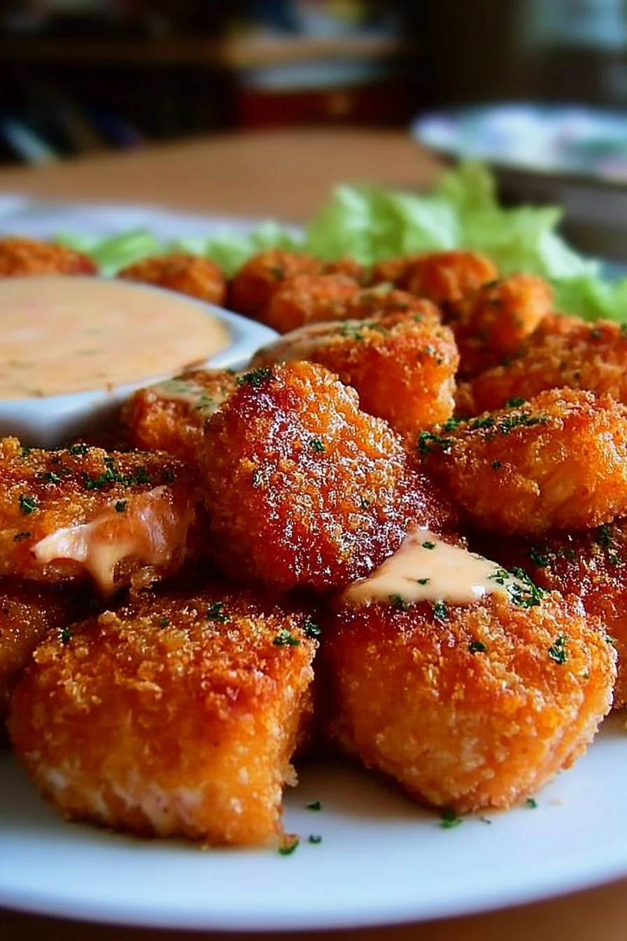 Plate of crispy Bang Bang Salmon bites served with a spicy dipping sauce.