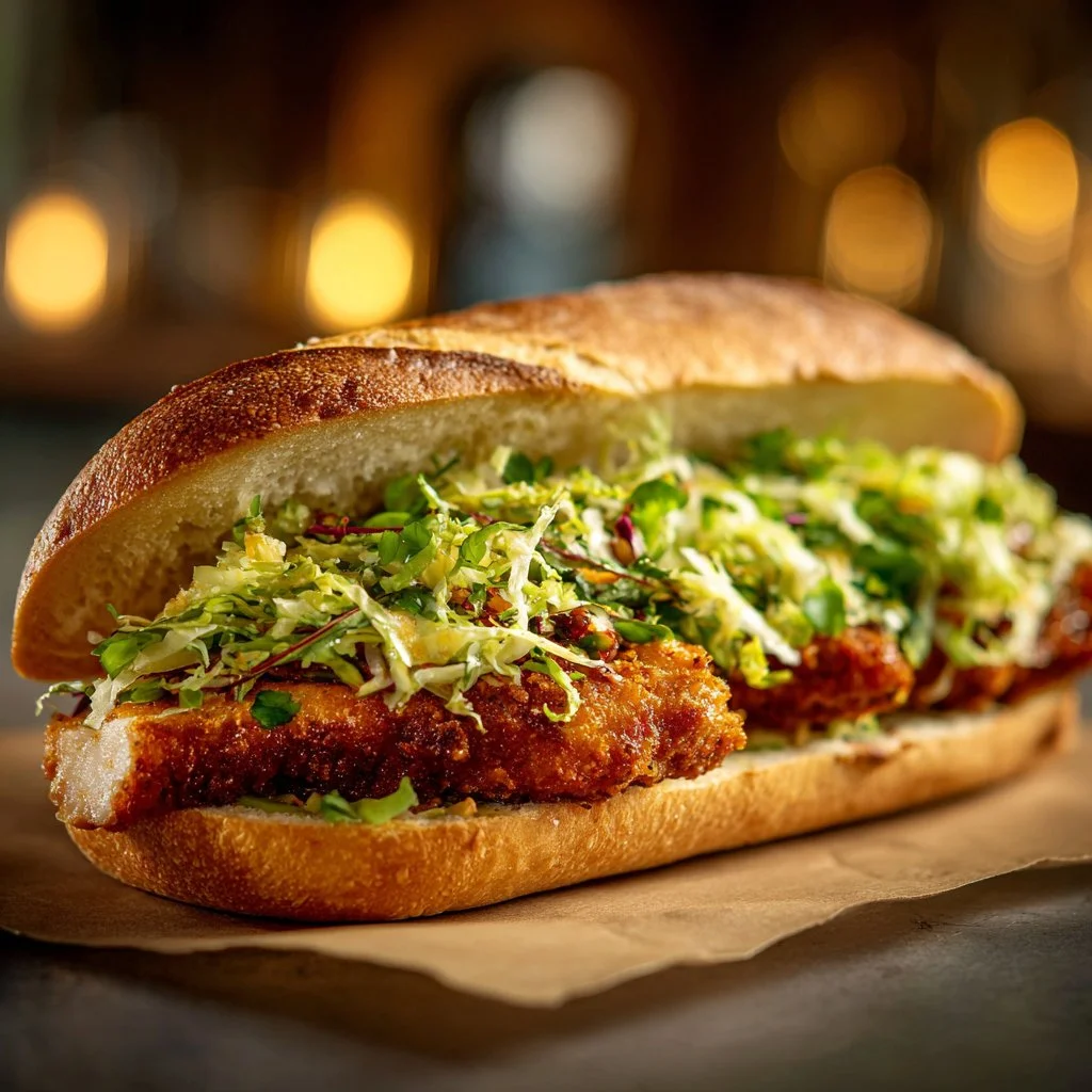 Crispy Chicken Caesar Sandwich with lettuce, croutons, and creamy dressing