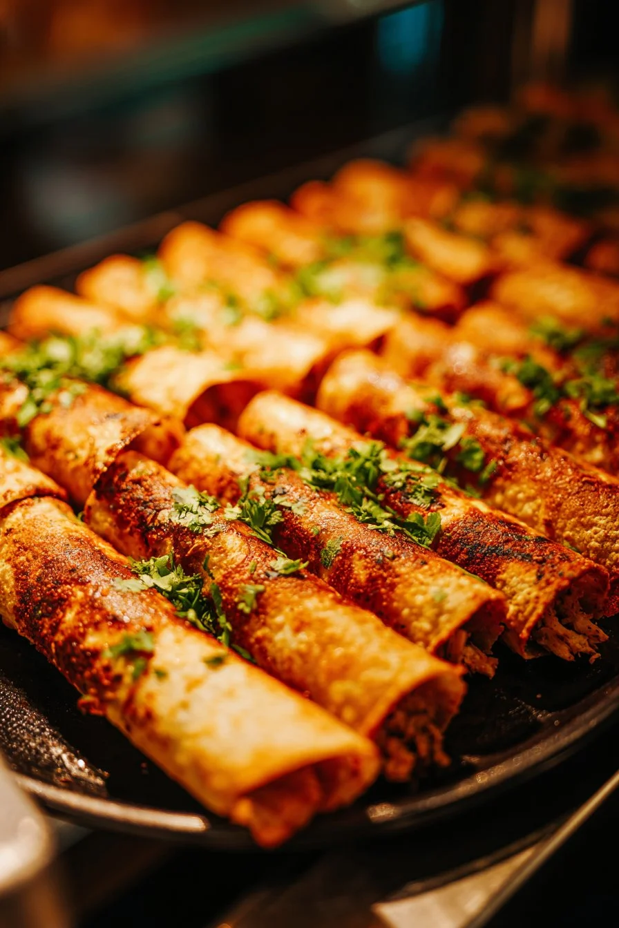 Plate of crispy chicken taquitos served with dipping sauce