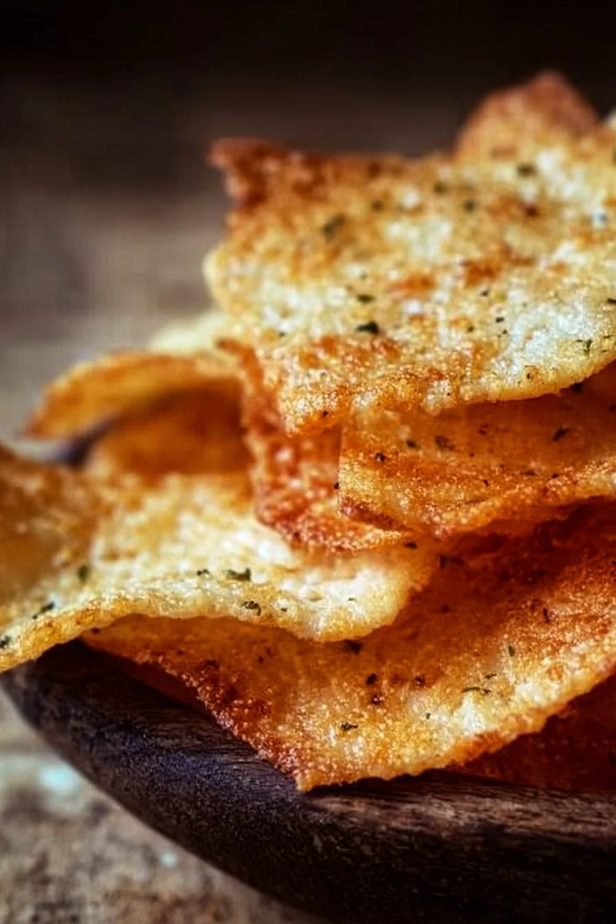 Bowl of crispy cottage cheese chips served as a healthy snack option