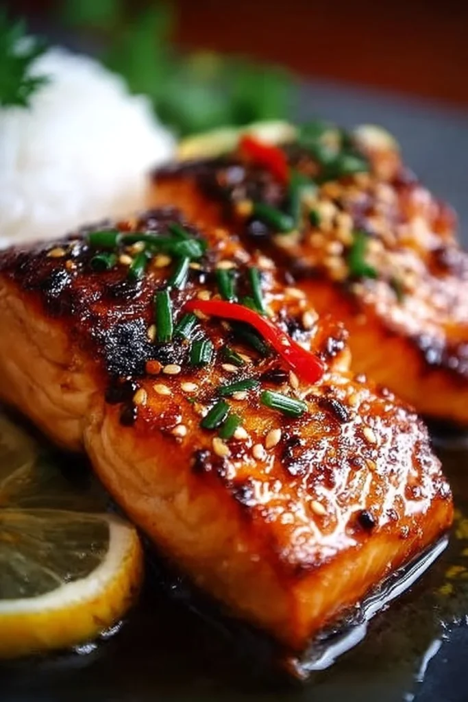 Crispy honey garlic glazed salmon served on a plate with garnishes.