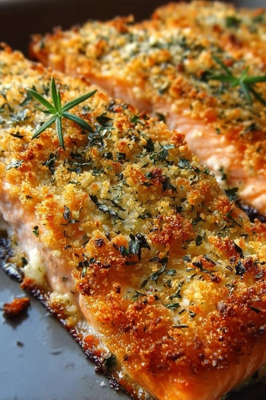 Crispy Parmesan Salmon bake served on a plate with lemon and herbs