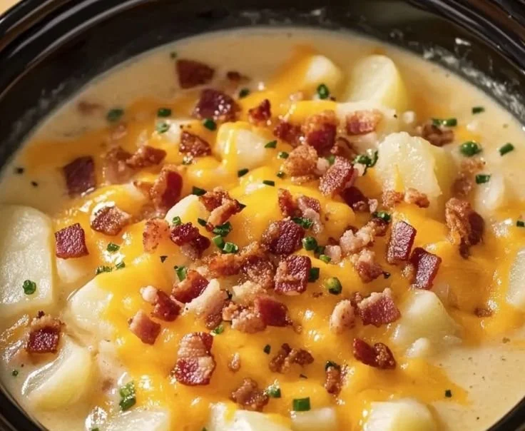 Crock Pot Crack Potato Soup in a bowl, garnished with green onions and cheese.