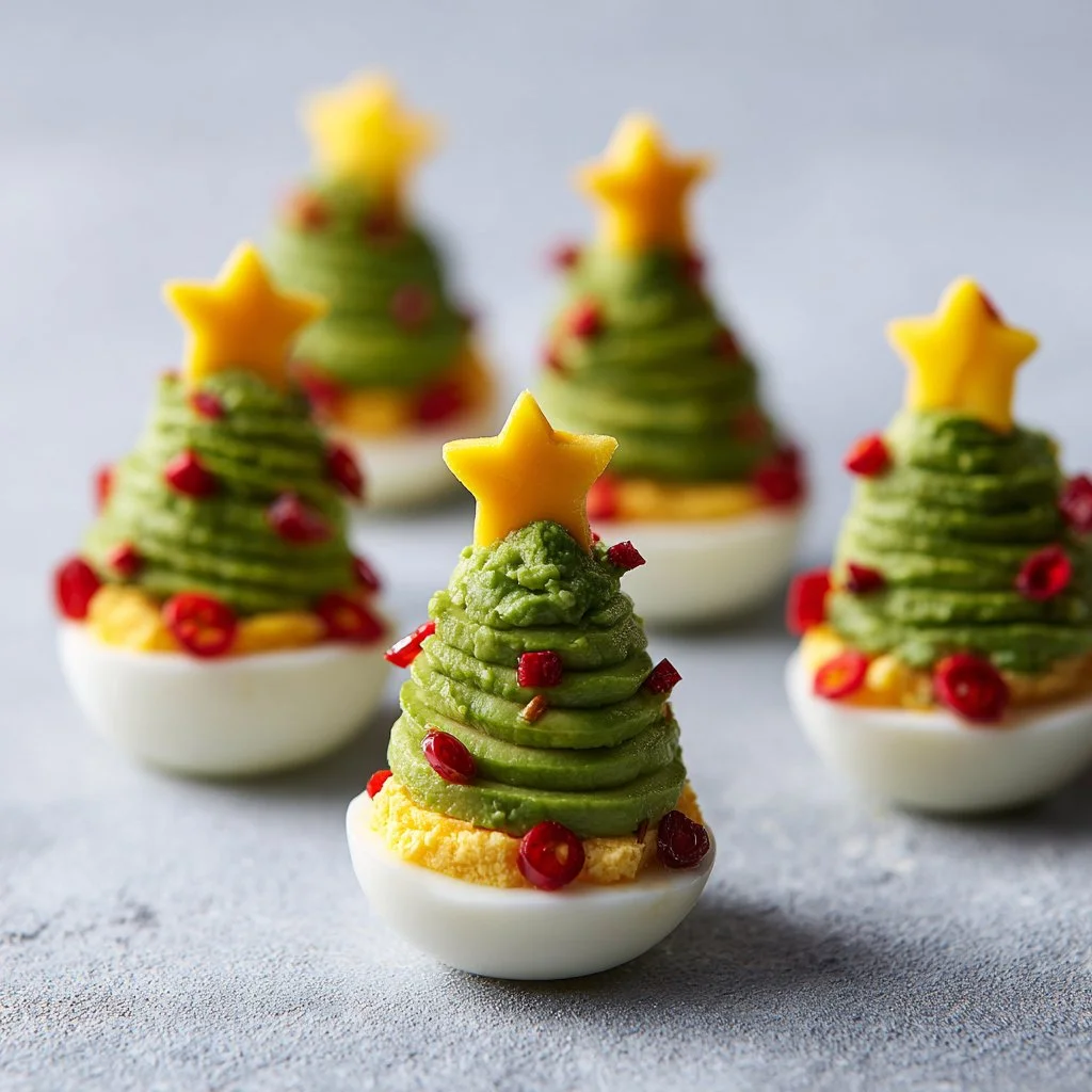 Deviled egg Christmas trees decorated for holiday festivities