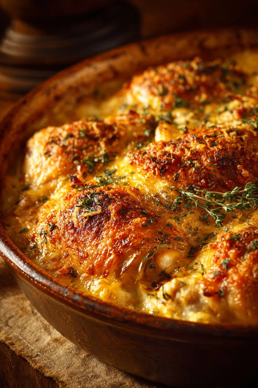 Dolly's Chicken and Stuffing Casserole served in a dish with herbs on top