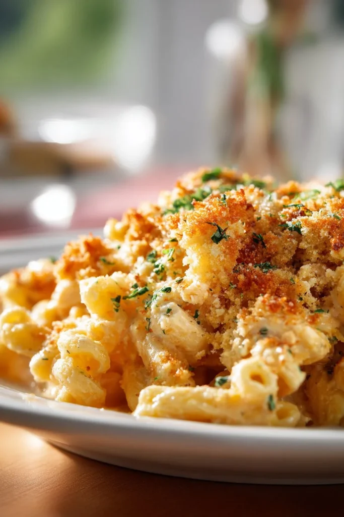 Delicious dump-and-bake chicken parmesan casserole in a baking dish.