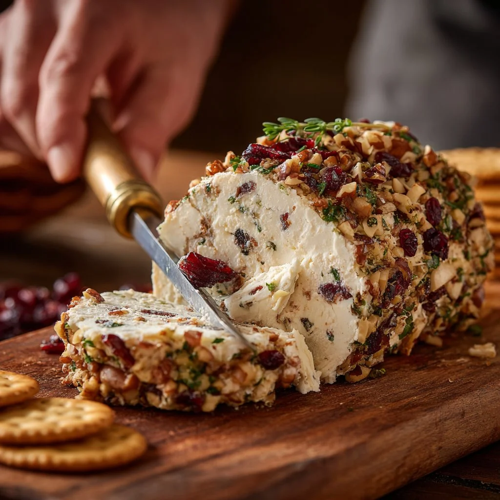 Delicious easy cheese log served on a platter with crackers and vegetables