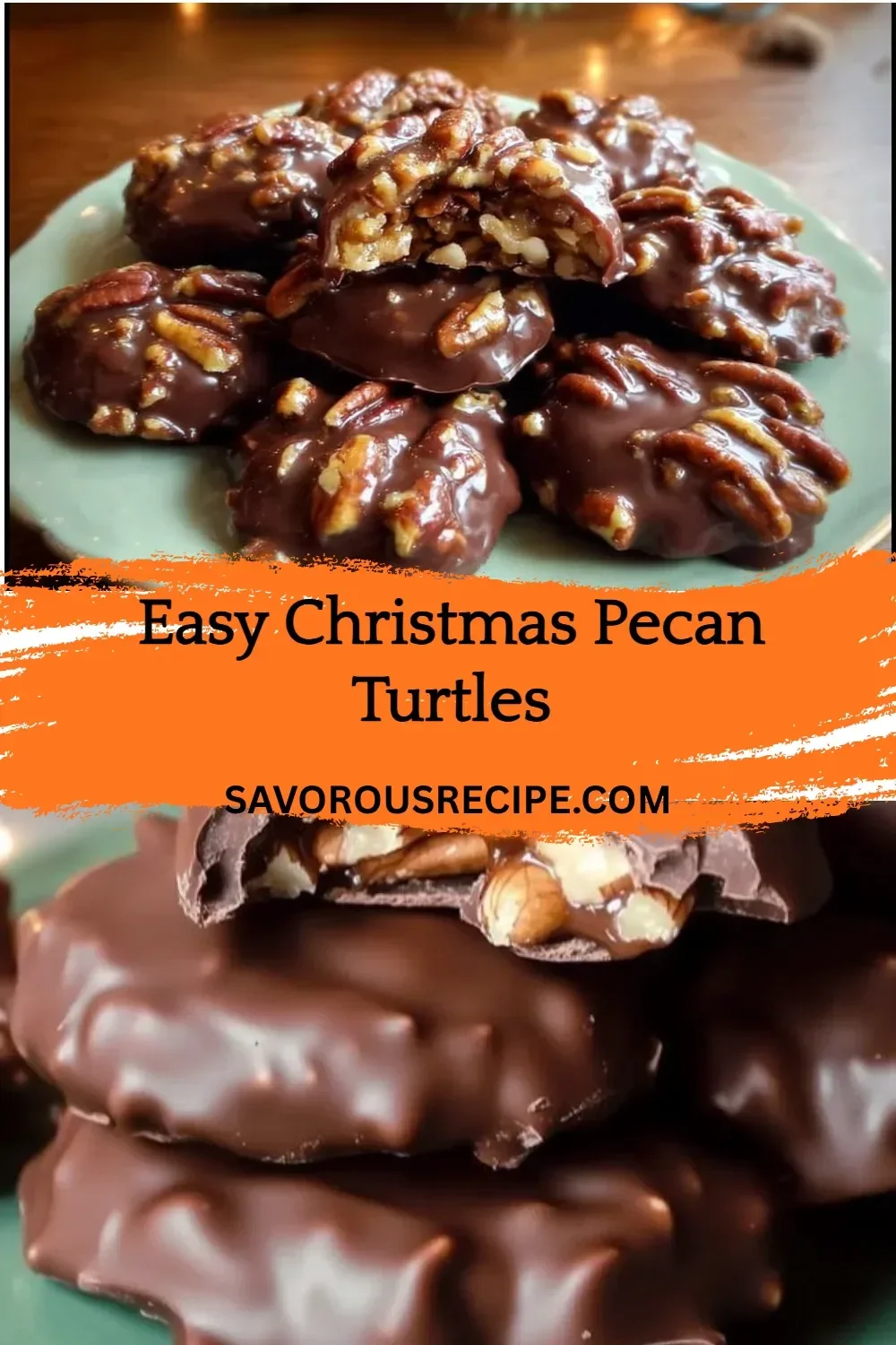 Homemade Christmas pecan turtles with chocolate and caramel