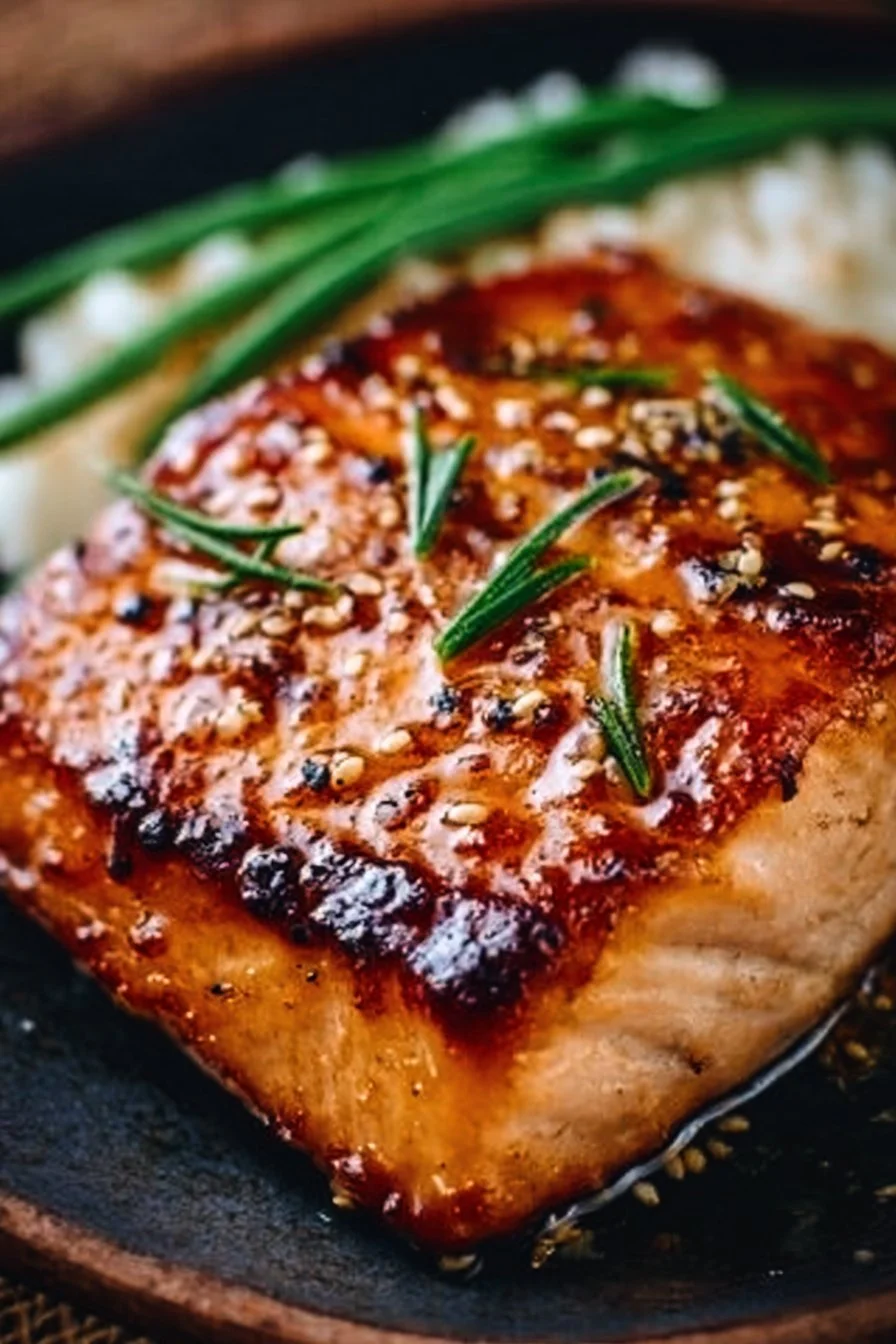 Crispy honey garlic glazed salmon cooked to perfection on a plate