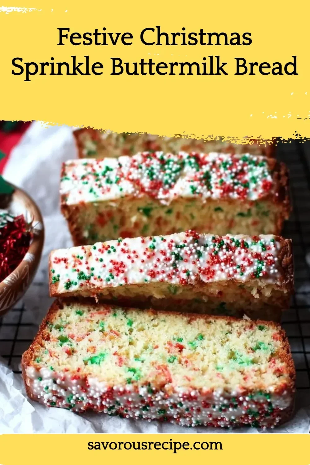 Festive Christmas sprinkle buttermilk bread decorated for the holidays