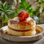 Fluffy Japanese soufflé pancakes stacked on a plate with syrup and fruit garnish