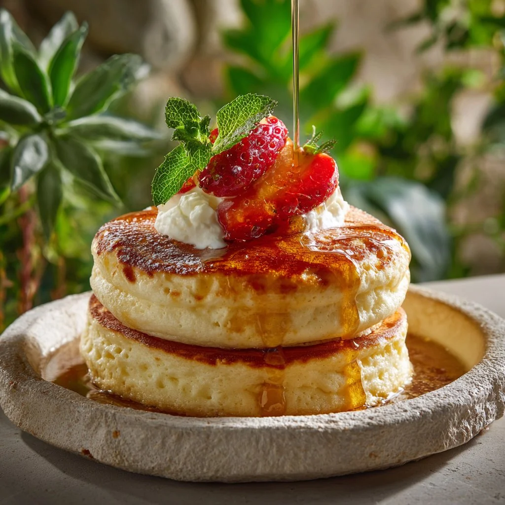 Fluffy Japanese soufflé pancakes stacked on a plate with syrup and fruit garnish